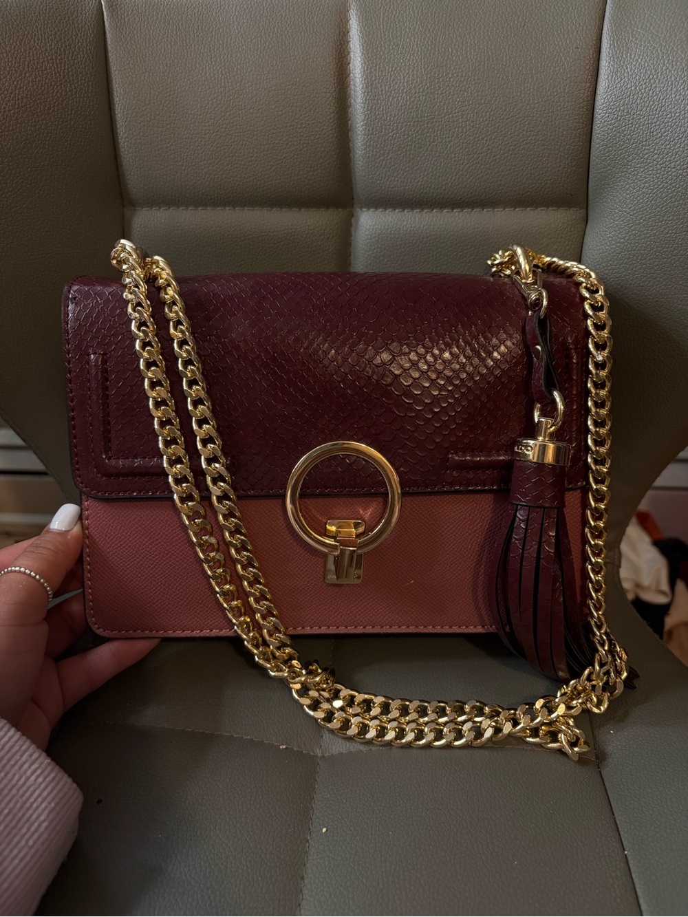 Aldo Two-Tone Burgundy and Mauve Chain Crossbody with Gold Hardware